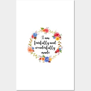 I am Fearfully and Wonderfully Made Floral Quote Wreath Posters and Art